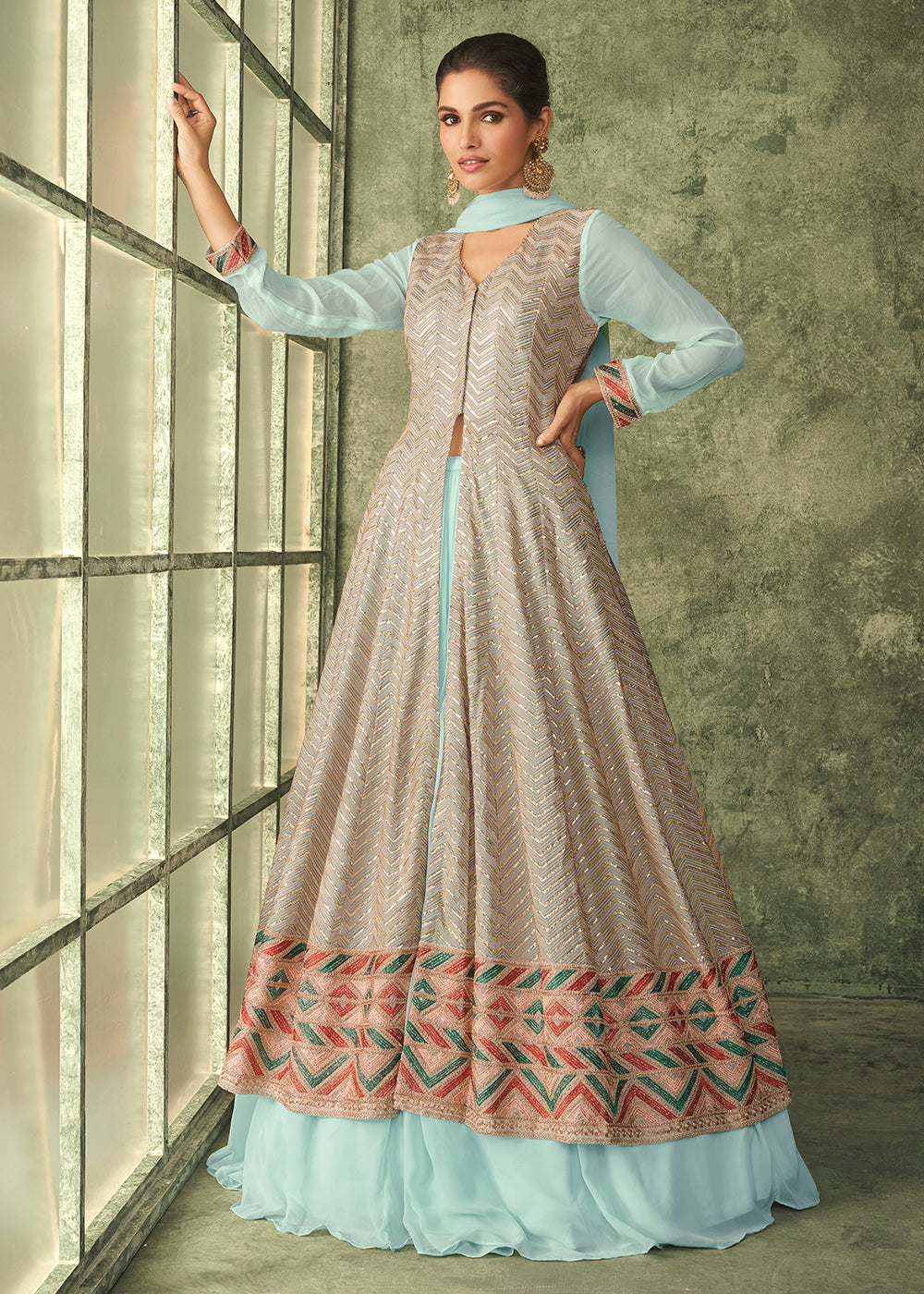 Buy Front Slit Anarkali Suit Lehenga Style Sky Blue Beige