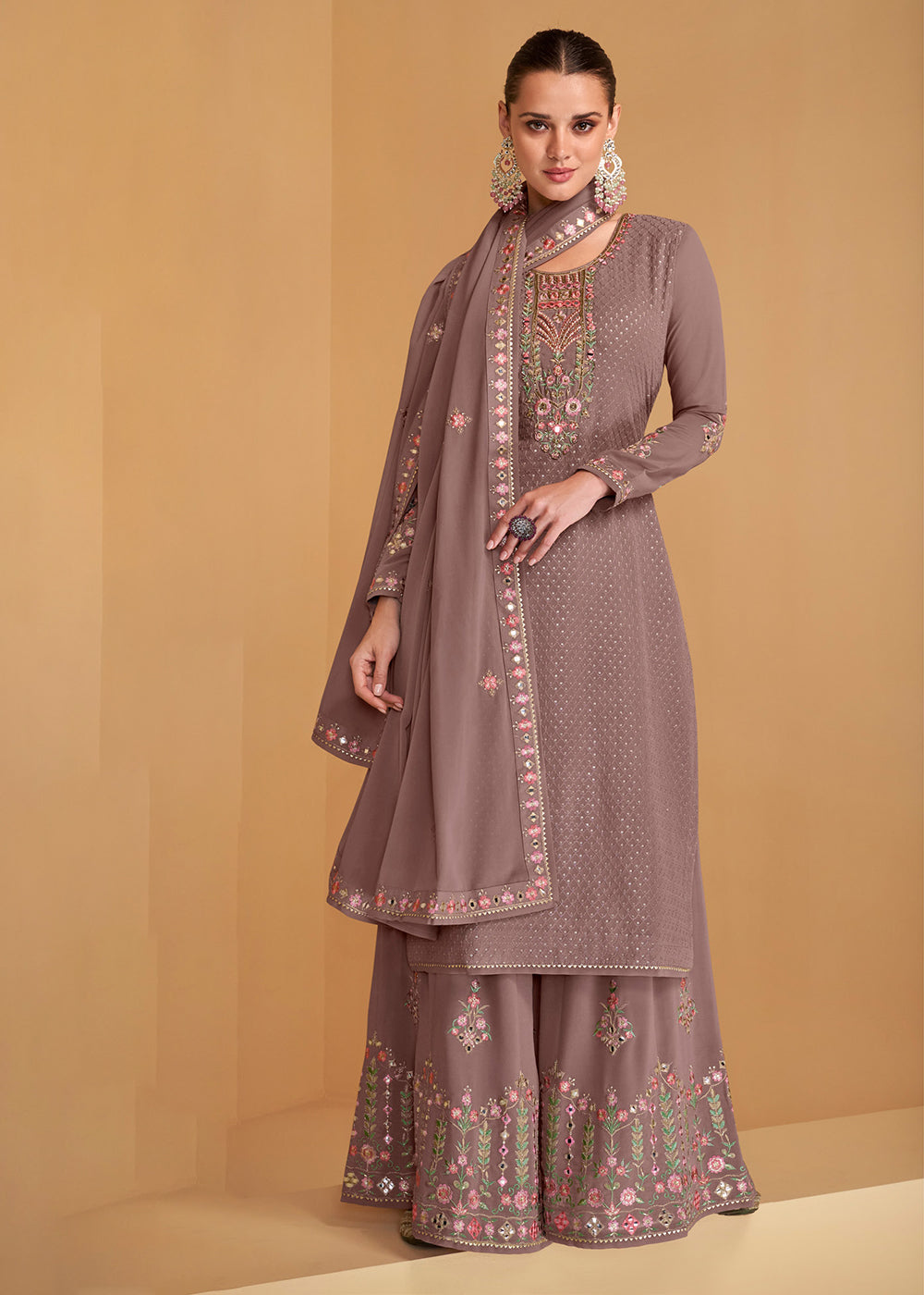 Festive Look Wonderful Plum Wine Zari Embroidered Palazzo Suit