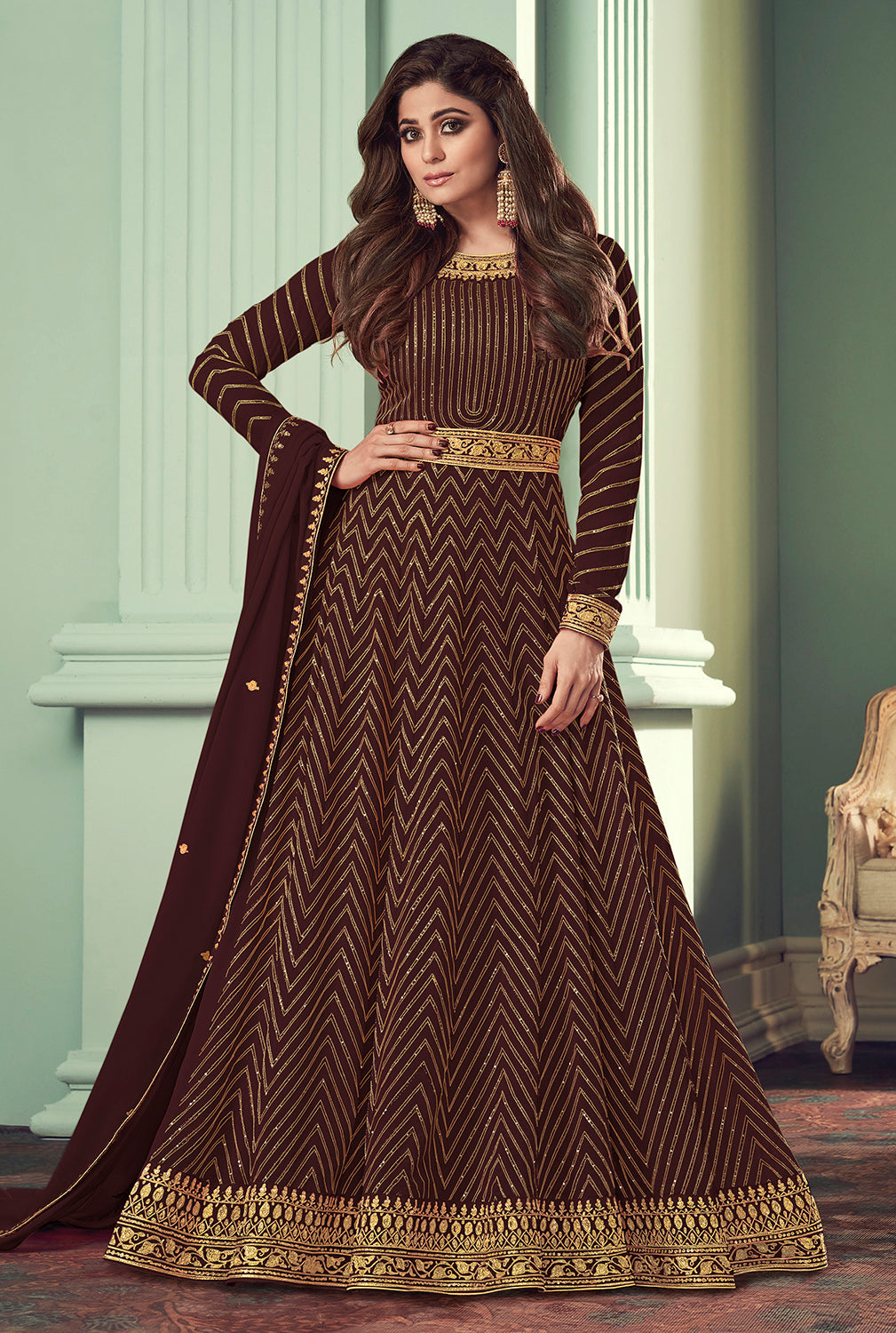Buy Mocha Brown Belt Style Anarkali Gown - Featuring Shamita Shetty   Empress Clothing