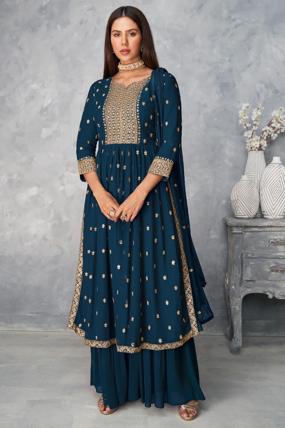 Real Georgette Prussian Blue Peplum Sharara Suit