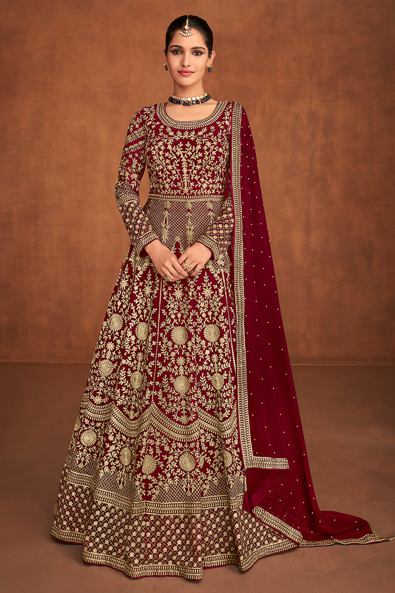 Cream Moonga Silk Embroidered Eid Style Anarkali Suit main image 1