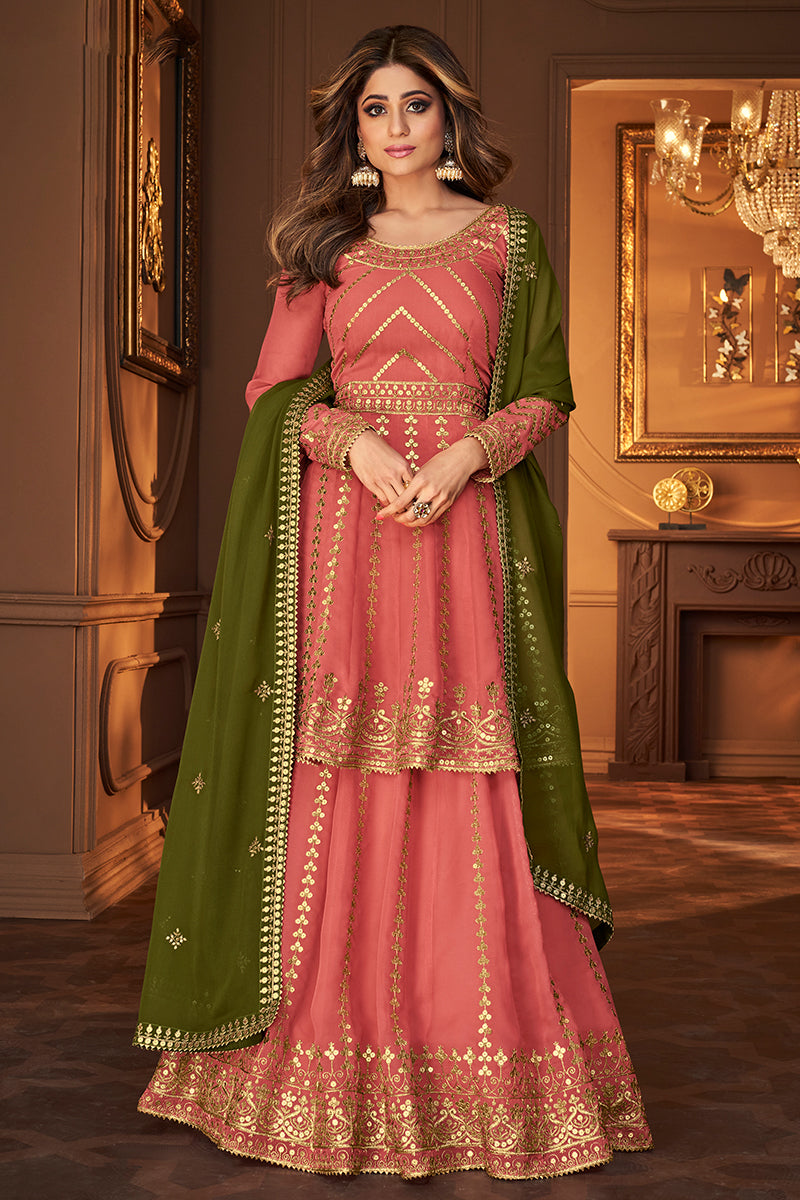 Buy Peachy Pink Skirt Style Suit Embroidered Georgette Lehenga