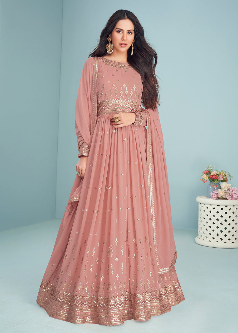 Buy Designer Anarkali Enticing Rose Pink Wedding Wear Anarkali