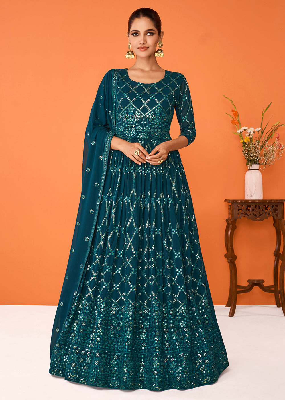 Aarvi Premium Anarkali Long Sleeve Teal Floral 2 pis Gown
