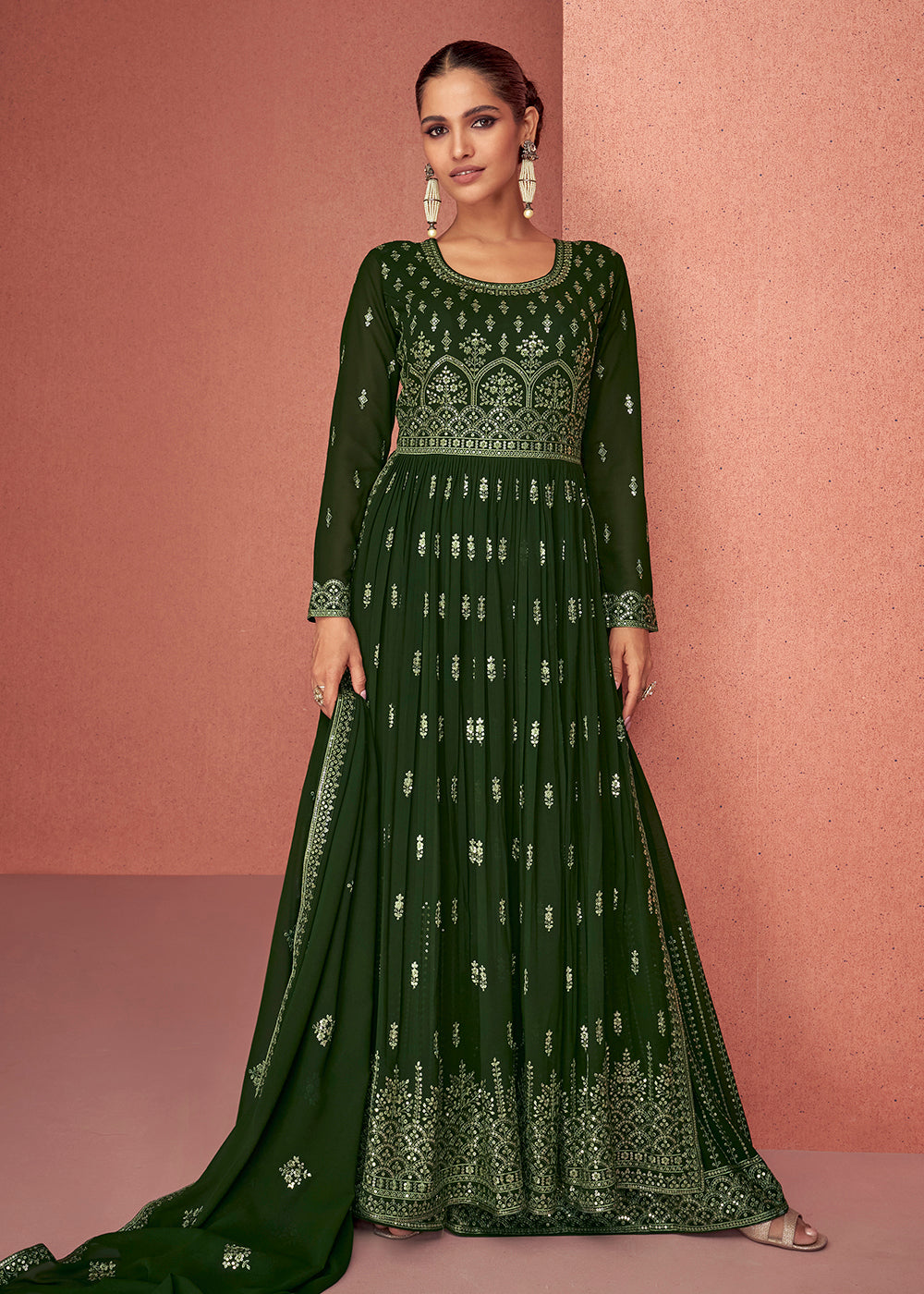 Buy Palazzo Suit - Green Anarkali Style Georgette Embellished Suit