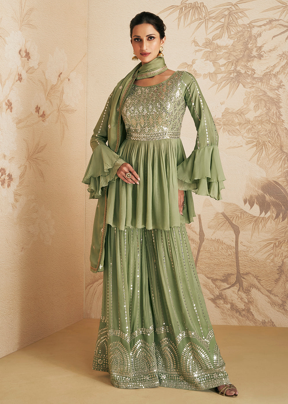 Buy Designer Sharara - Green Thread & Sequins Embroidered Sharara Suit