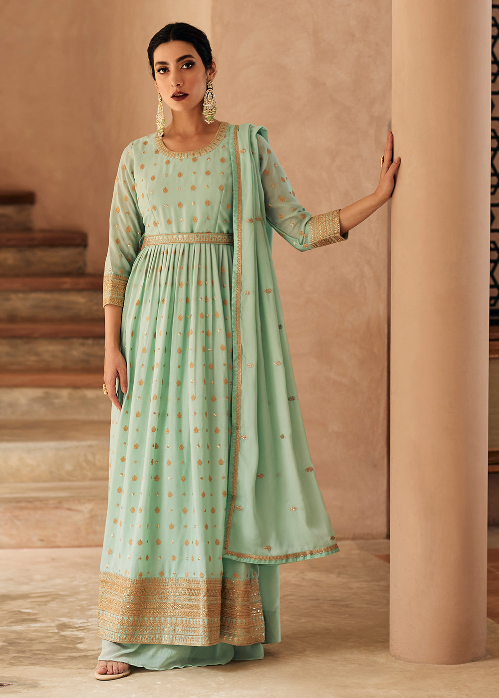 Buy Wedding Party Dress - Mint Green Anarkali Style Palazzo Suit Empress Clothing Buy Wedding Party Dress - Mint Green Anarkali Style Palazzo Suit Empress Clothing