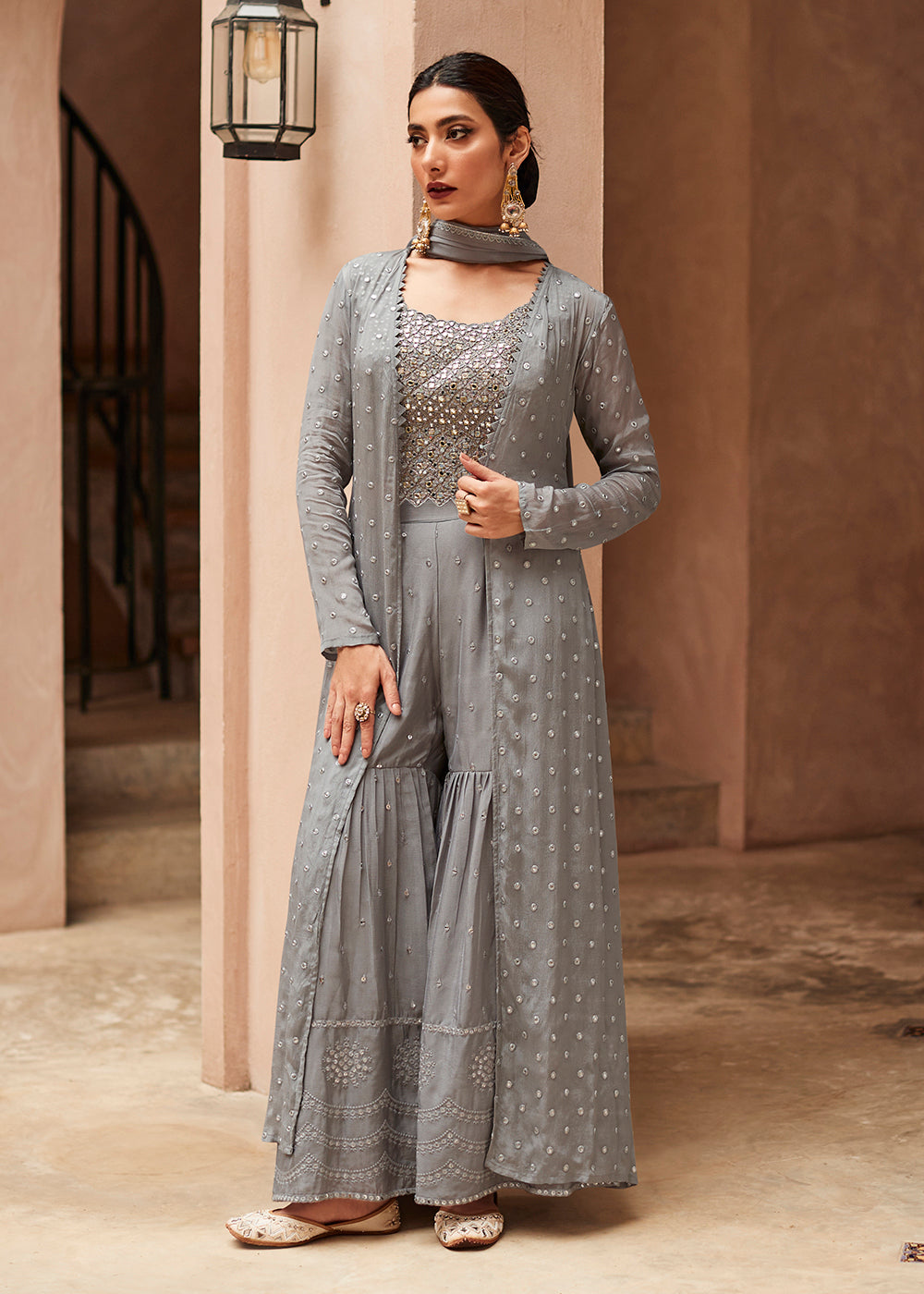 Colour Combination Grey And Maroon Pakistani Dress Buy Palazzo