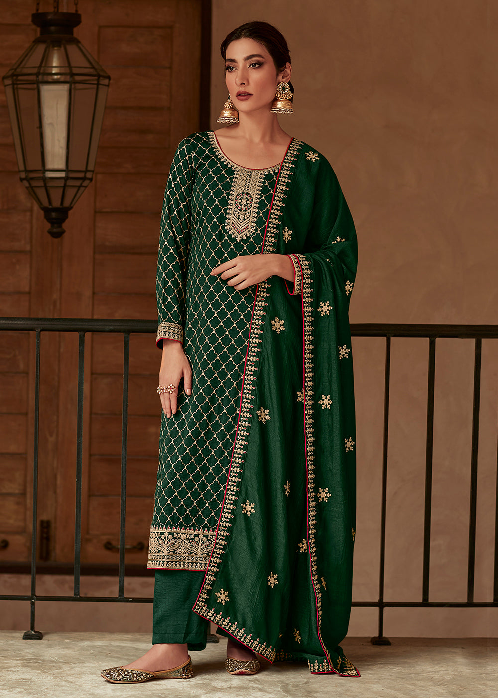 Green and Gold discount Embroidered Salwar Kameez