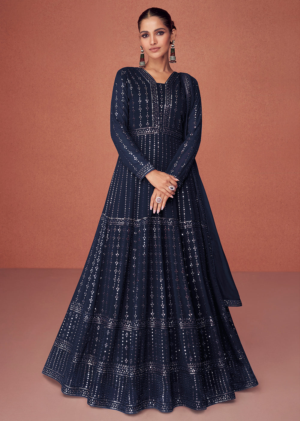 navy blue dresses for wedding indian Navy Blue V Neck Wedding Dress With 3/4 Sleeves Lisposa