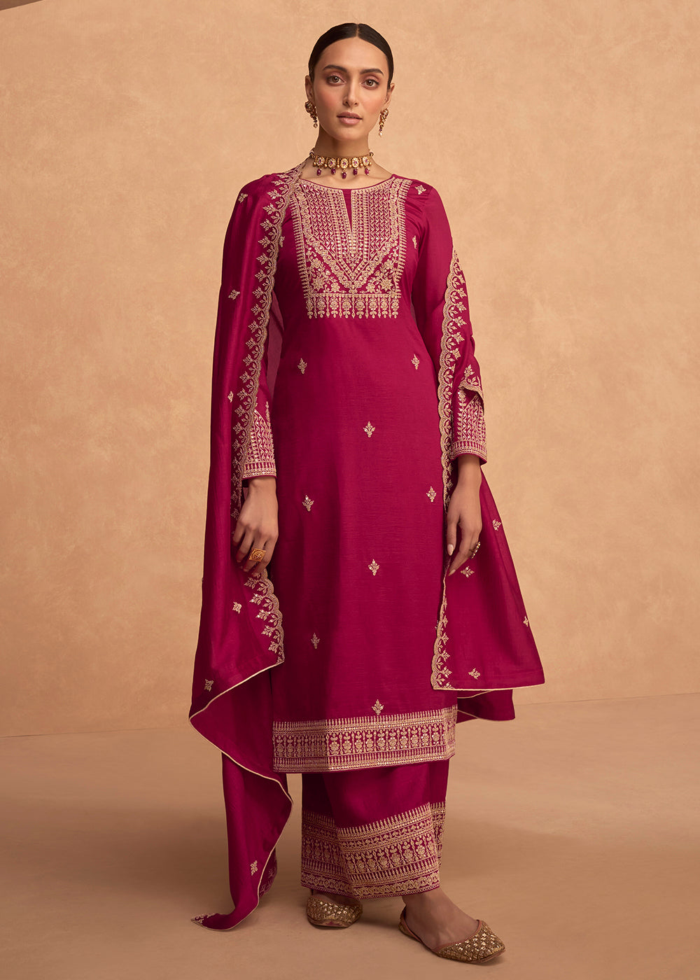 Pretty Hot Pink Premium Silk Embroidered Indian Palazzo Suit