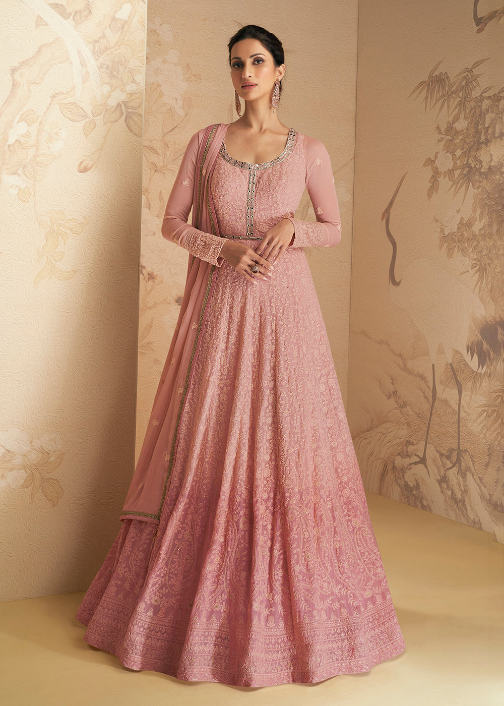 Festive Gown Chikankari Style Pink Traditional Work Anarkali
