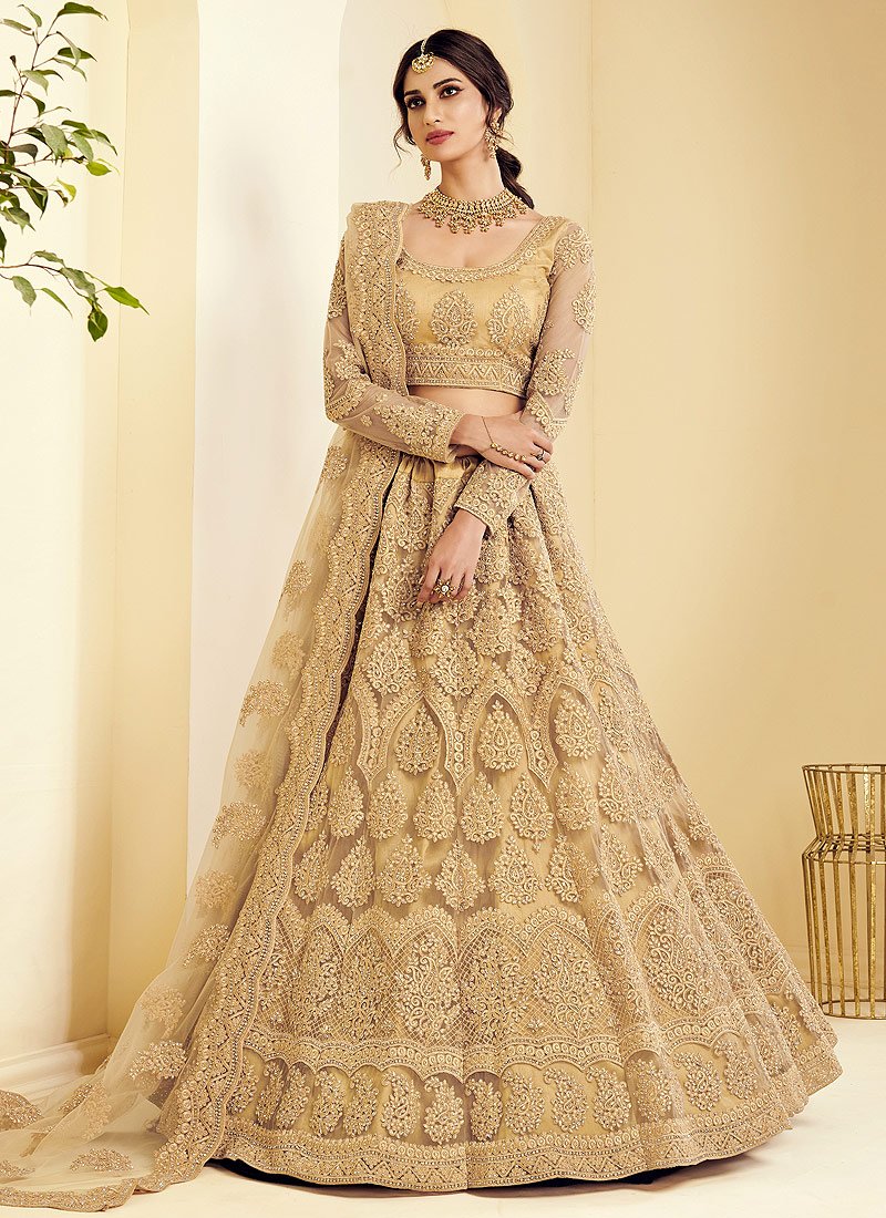Golden Beige Pearl Embroidered Wedding Lehenga Choli Golden Beige Pearl Embroidered Wedding Lehenga Choli