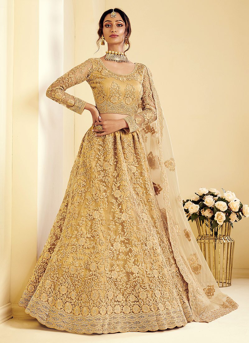 Antique Golden Pearl Embroidered Wedding Lehenga Choli Antique Golden Pearl Embroidered Wedding Lehenga Choli