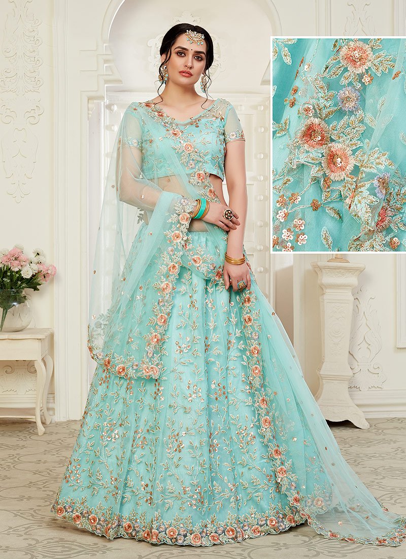 Aqua Blue Floral Embroidered Stunning Lehenga Choli Aqua Blue Floral Embroidered Stunning Lehenga Choli
