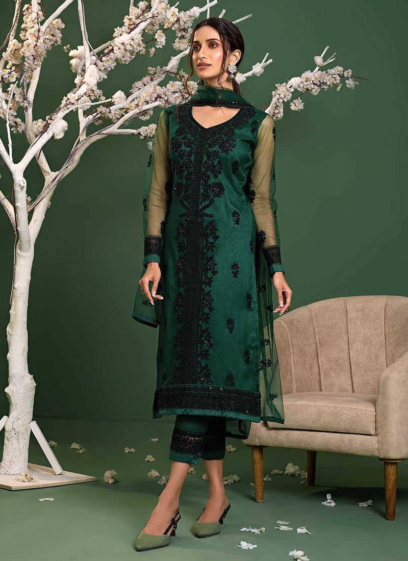 Bottle Green Straight Cut Pakistani Style Pant Suit Bottle Green Straight Cut Pakistani Style Pant Suit
