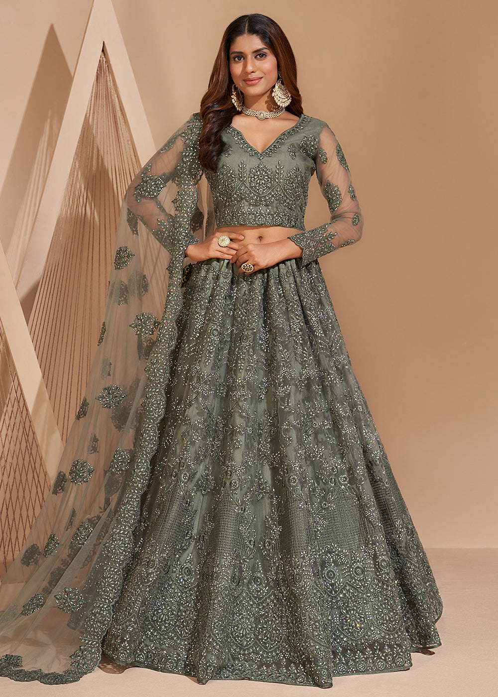 Buy Cording Work Olive Green Lehenga - Wedding Wear Lehenga Choli