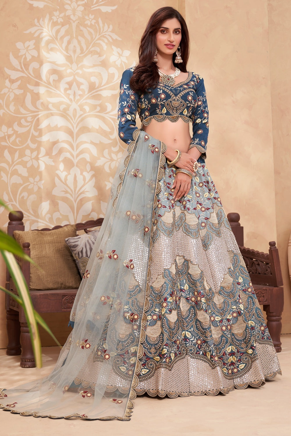 Bridal Cream Blue A Line All Embroidered Lehenga Choli