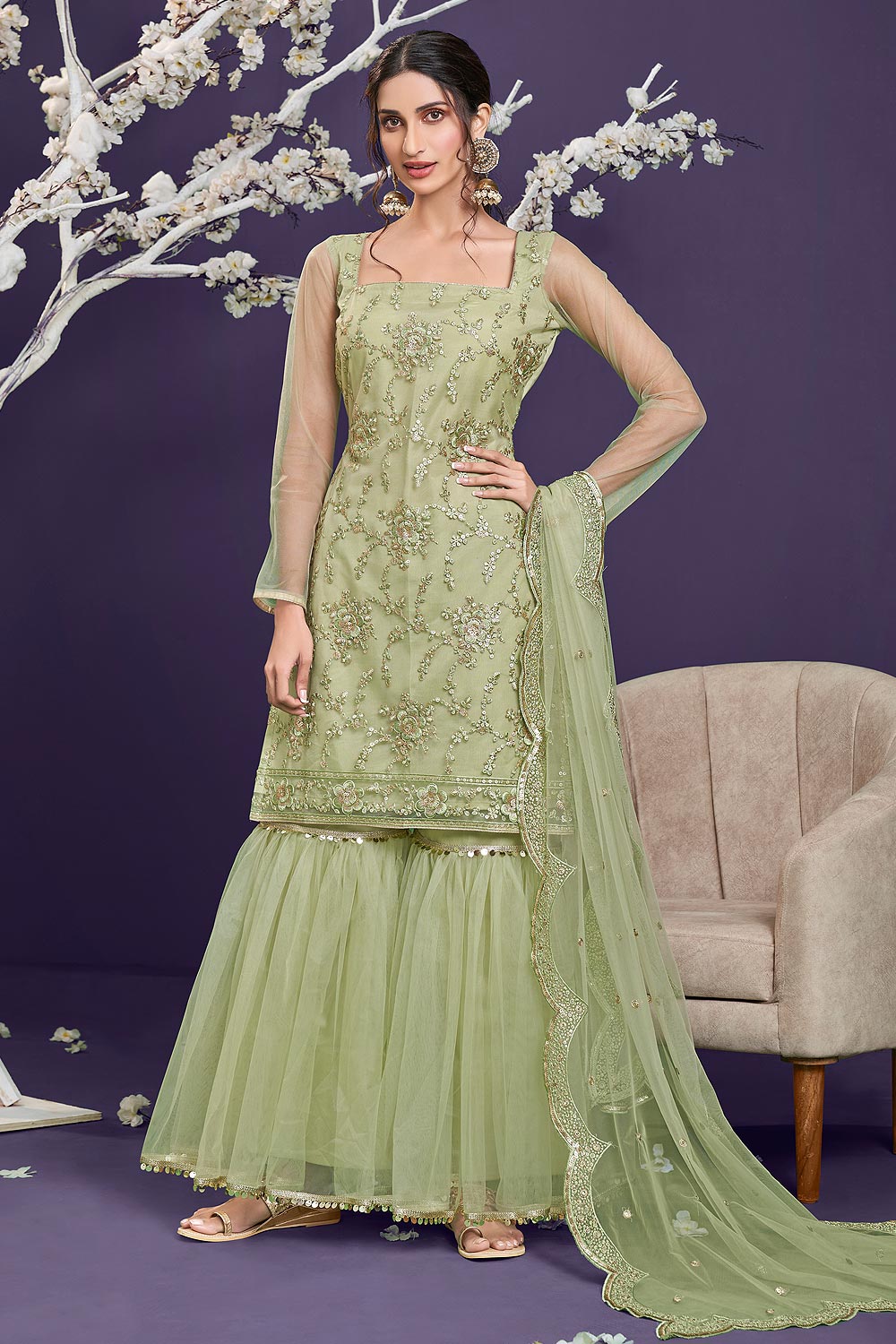 Butterfly Net Baby Pink Premium Embroidered Gharara Suit