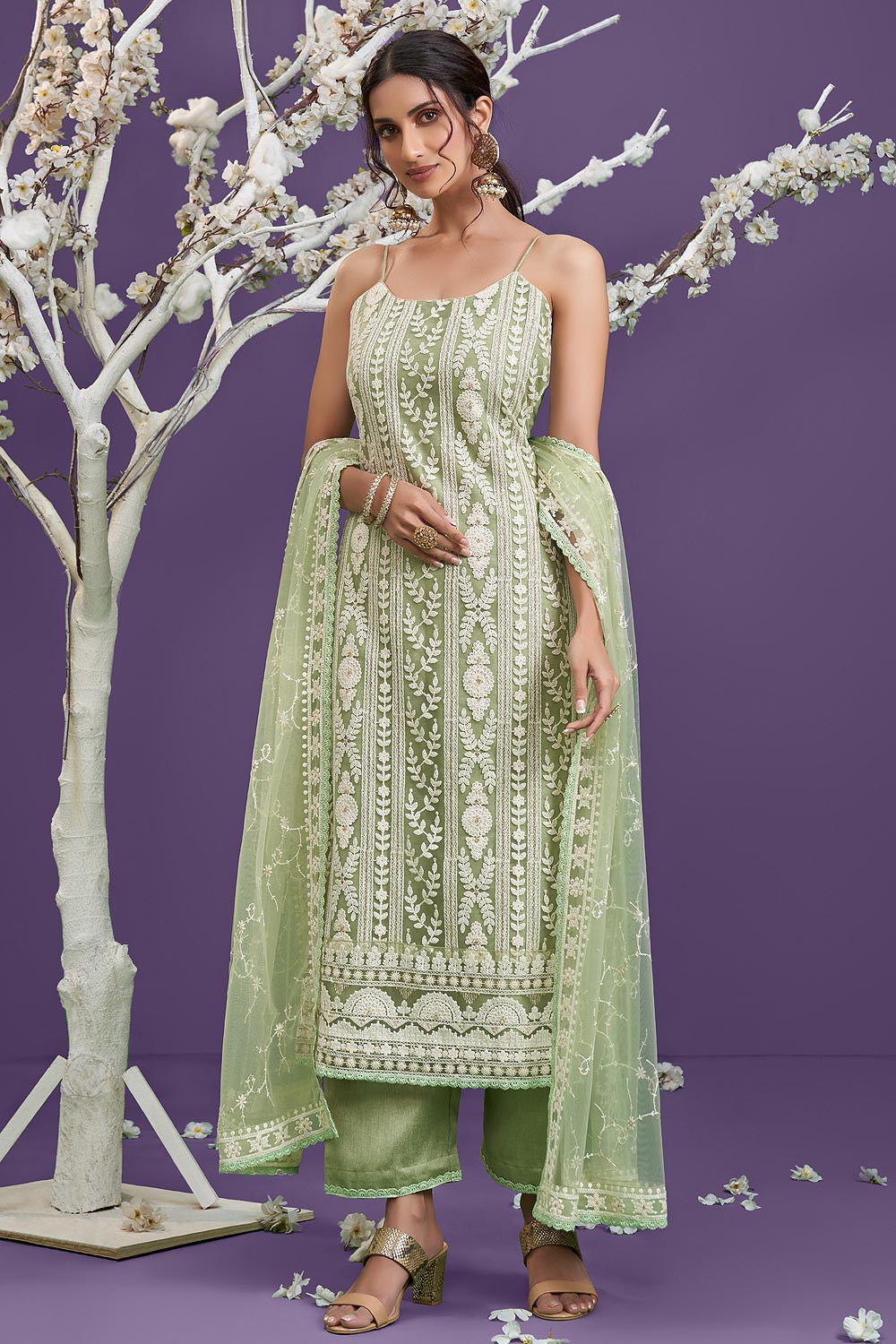 green chikankari dress CUSTOMIZABLE Green Chikankari Anarkali and Dupatta / Fine Georgette / in US