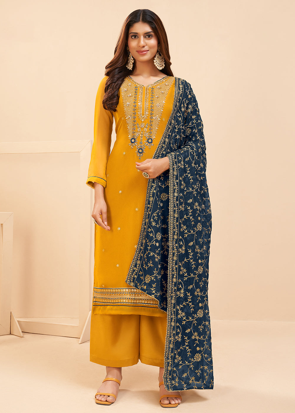 Buy Multi Thread Rich Yellow Suit Party Wear Salwar Kameez