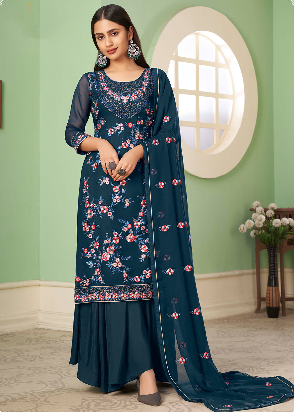 Shop Palazzo Salwar Suit Multi Thread Teal Georgette Palazzo