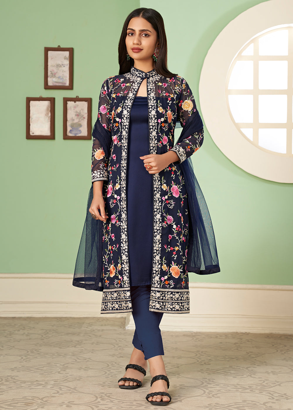 Jacket Style Salwar Suit Pant Style Enchanting Blue Party Wear