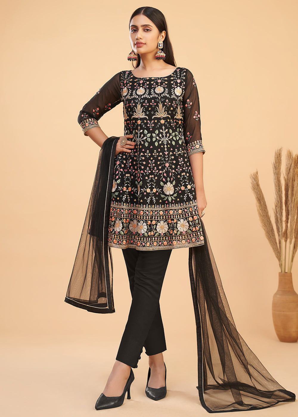 Designer Salwar Black Suit Pant With Heavy Thread Embroidery Printed Sequins Work main image 0