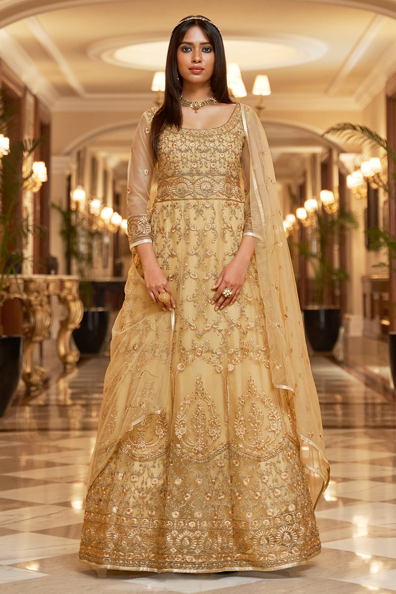 Net Embellished Beige Wedding Festival Anarkali Dress Net Embellished Beige Wedding Festival Anarkali Dress