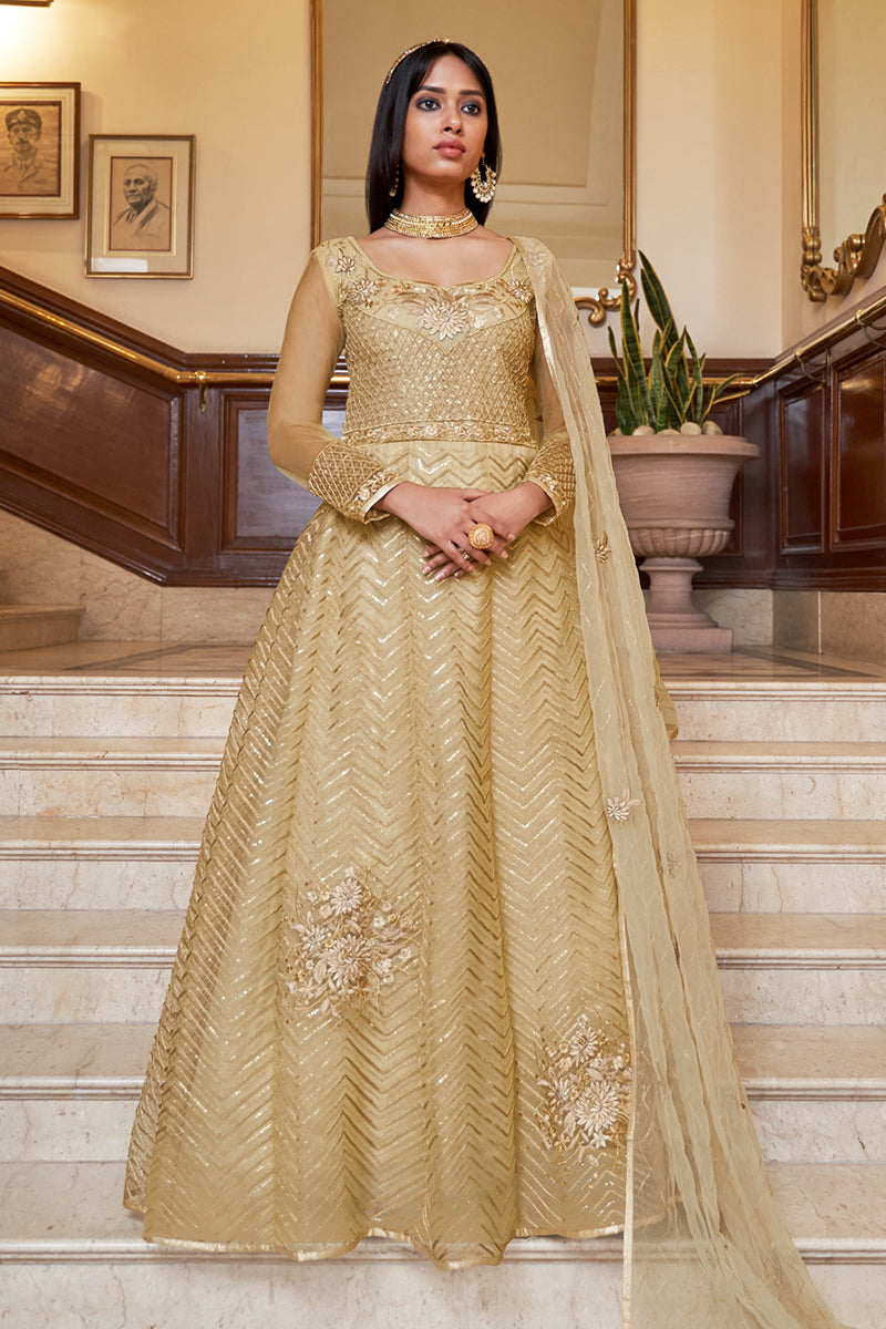 Net Embellished Golden Wedding Festival Anarkali Dress Net Embellished Golden Wedding Festival Anarkali Dress