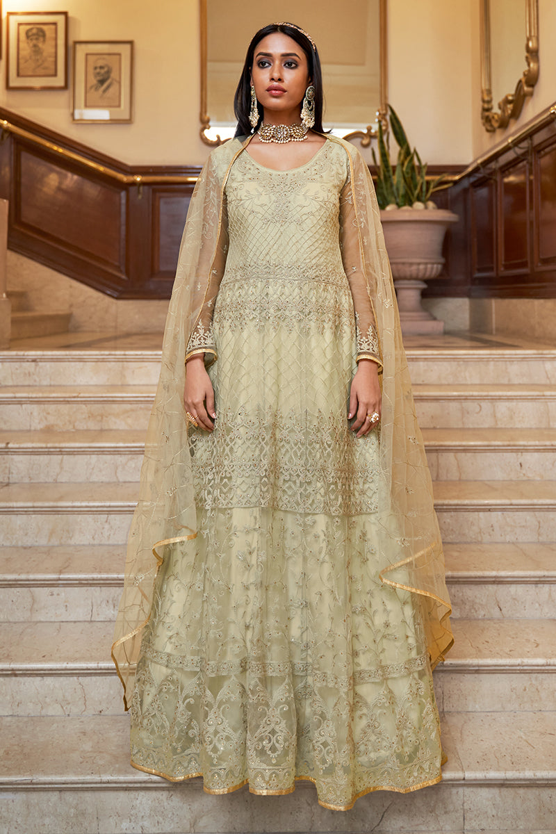 Net Embellished Ivory Green Wedding Festival Anarkali Dress Net Embellished Ivory Green Wedding Festival Anarkali Dress