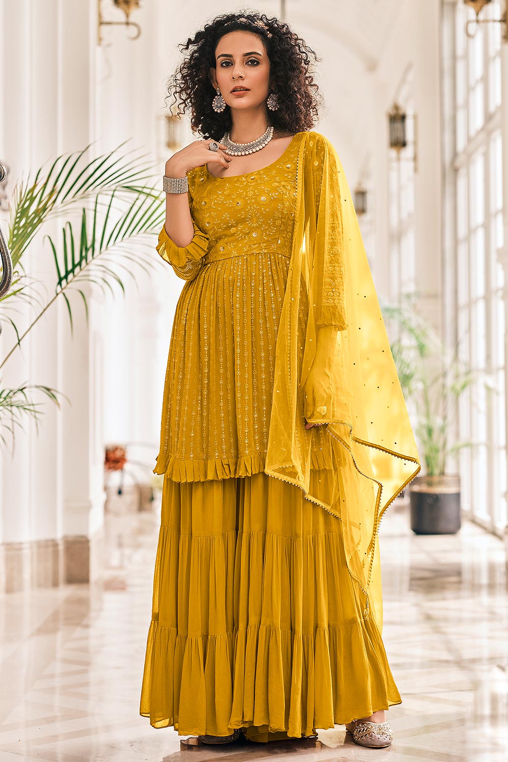 mustard yellow peplum dress Mustard Yellow Organza Peplum Lehenga Set