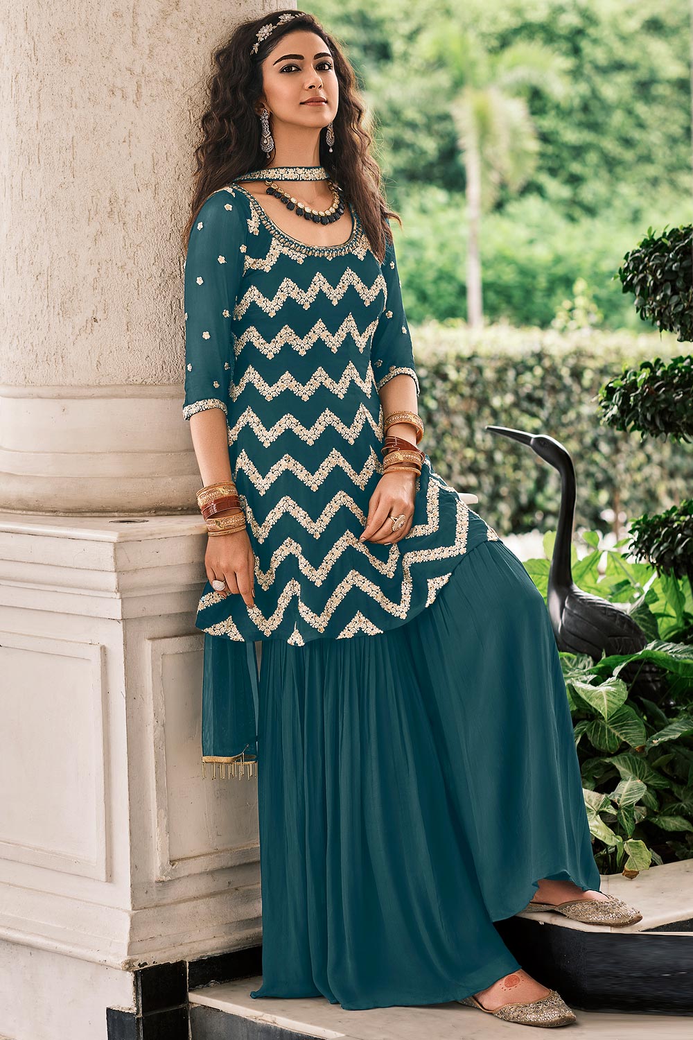 Buy Peplum Style Morpeach Blue Suit Viscose Palazzo Suit