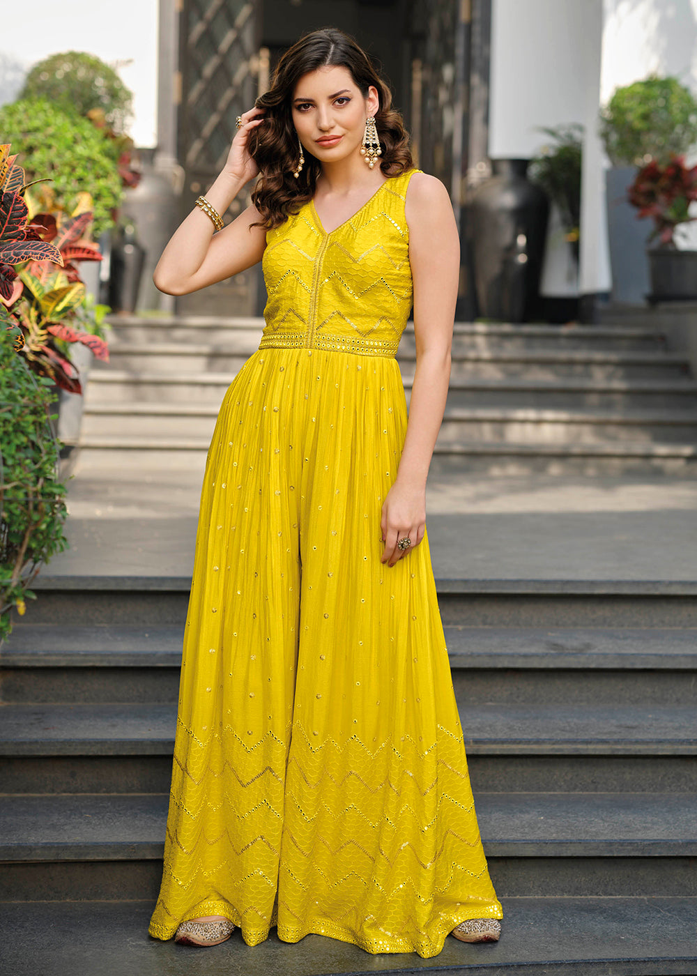 Buy Yellow Indo-Western Embroidered Jumpsuit - Empress Clothing