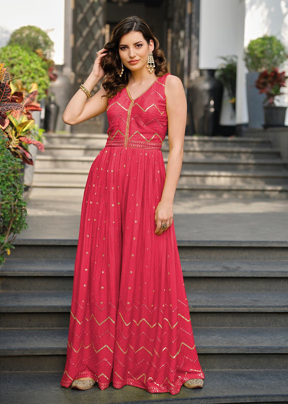 Buy Pink Indo-Western Embroidered Jumpsuit Empress Clothing