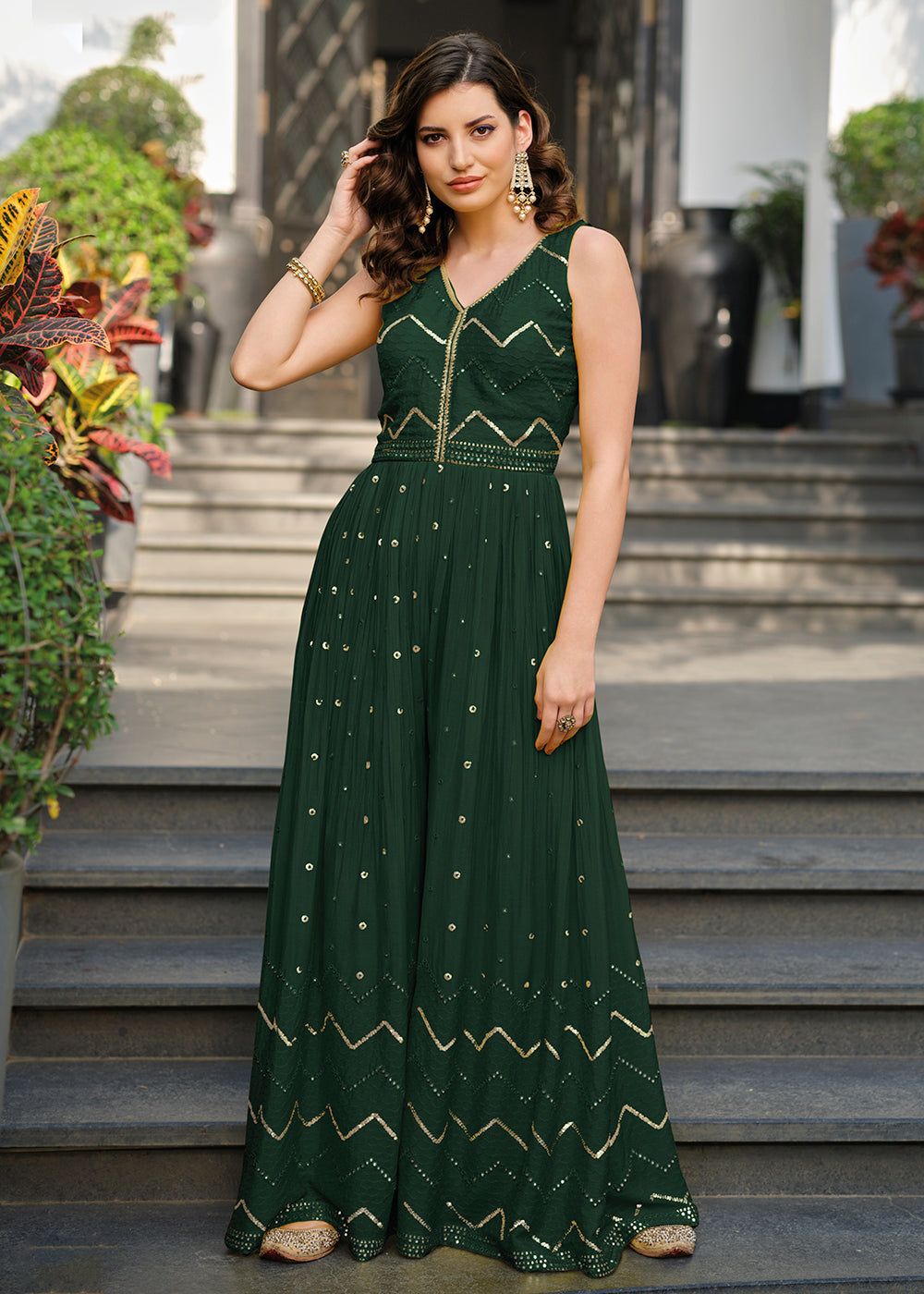 Green Indo-Western Embroidered Chinon Jumpsuit Green Indo-Western Embroidered Chinon Jumpsuit