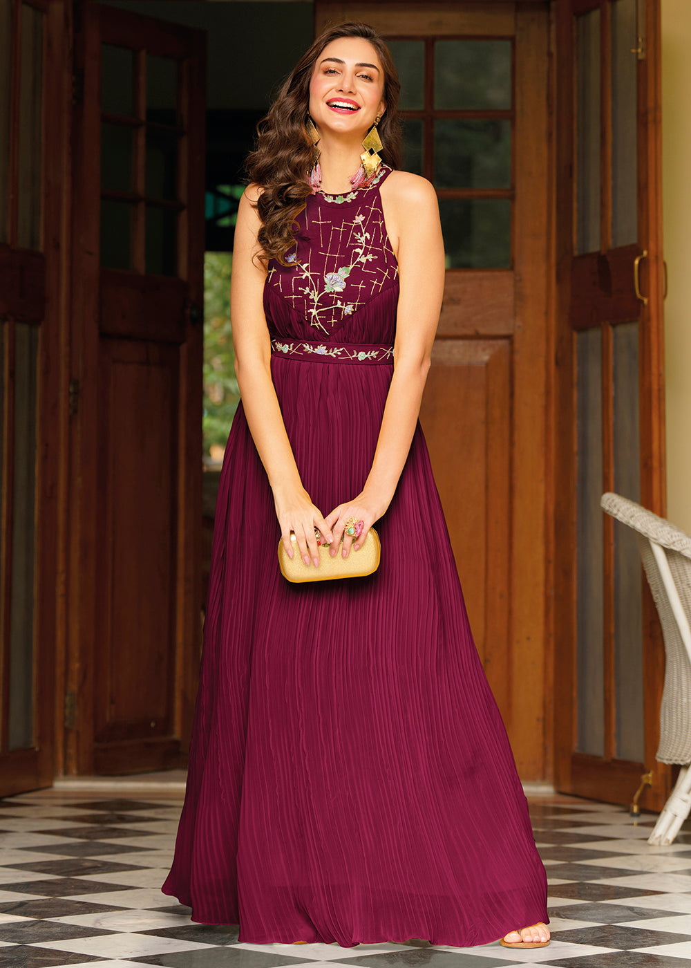 Buy Indo Western Maxi Gown Wine Red Georgette Embellished Gown