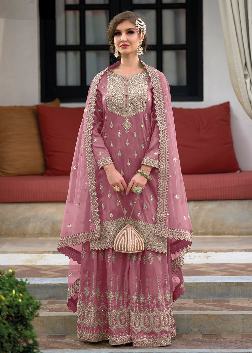 Teal Premium Chinnon Silk Festive Sharara Style Suit main image 1