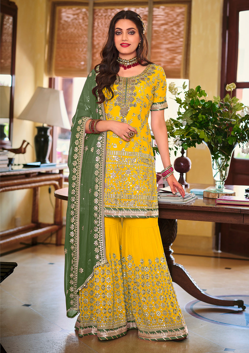 YELLOW FLORAL CREPE C CUT SUIT WITH PLAZO main image 1