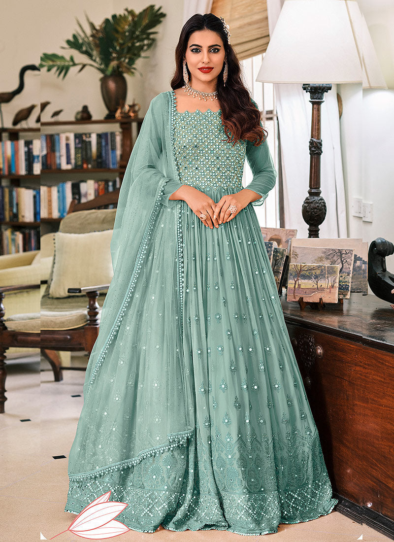 open lace back dress Pastel Green Organza Dress with Gold Work main image 1