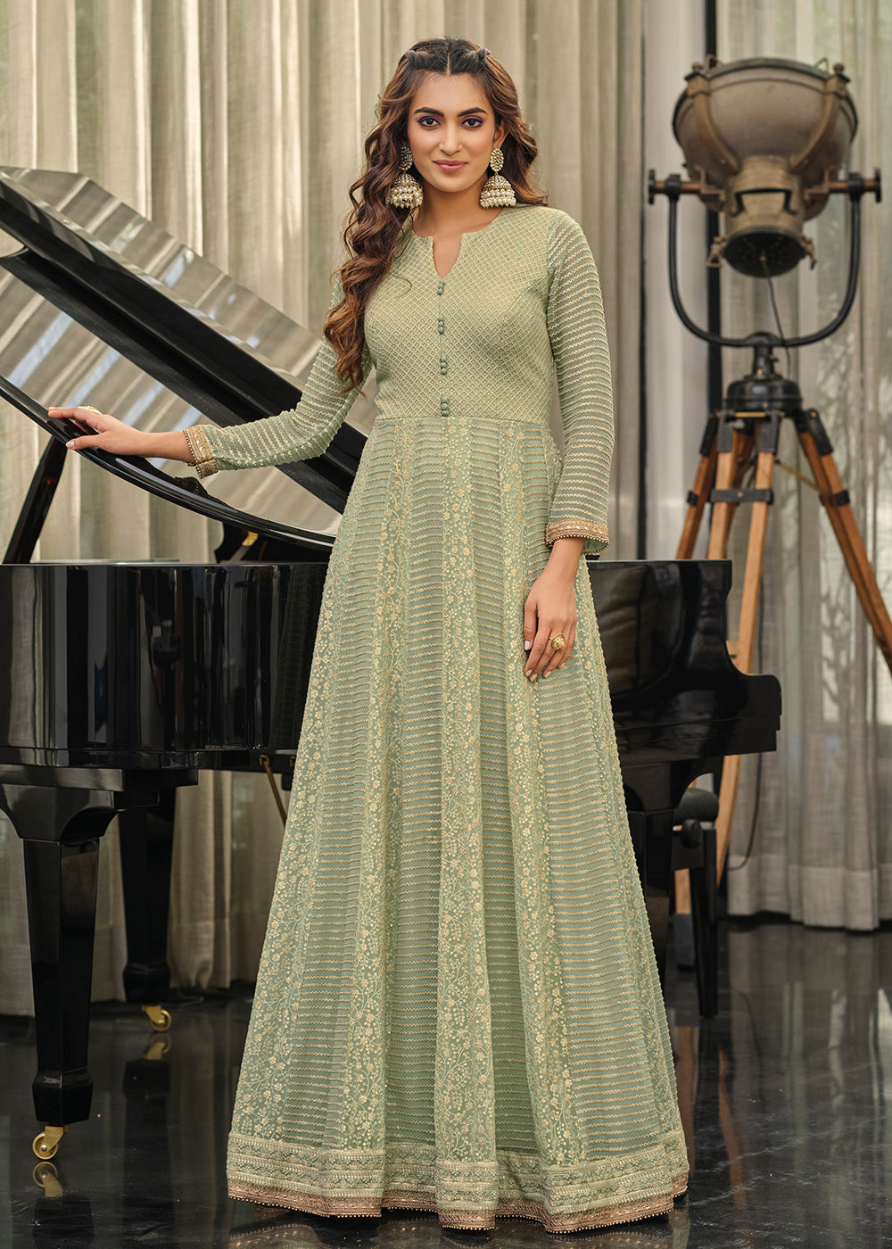 Laurel Green Embellished Georgette Function Anarkali Dress