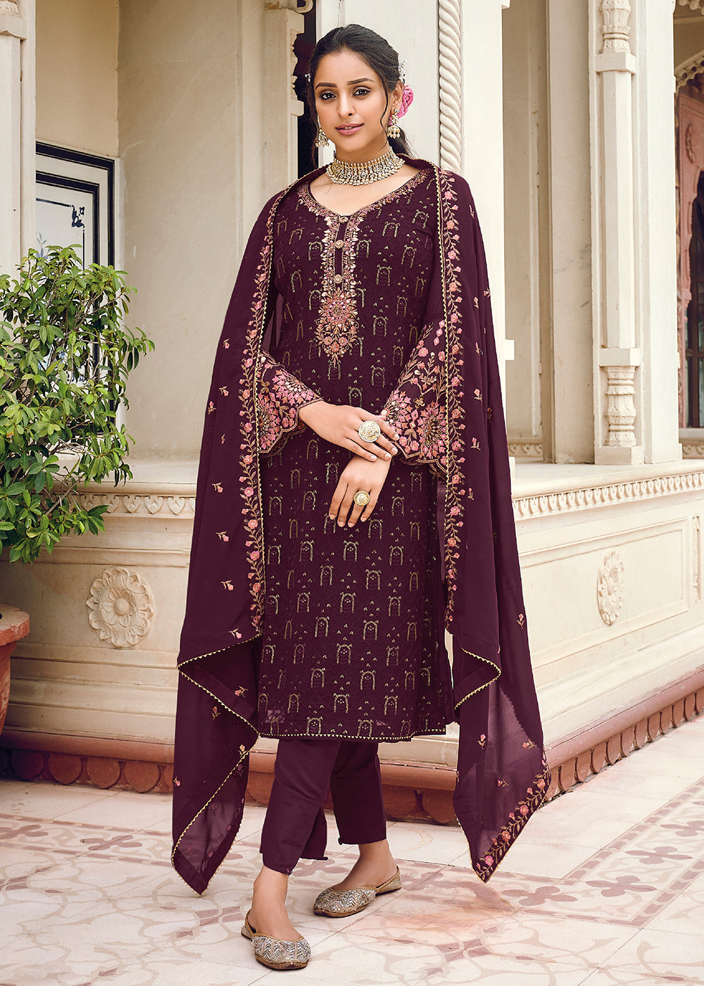 Buy Yellow Faux Georgette Ceremonial Pant Style Suit Online