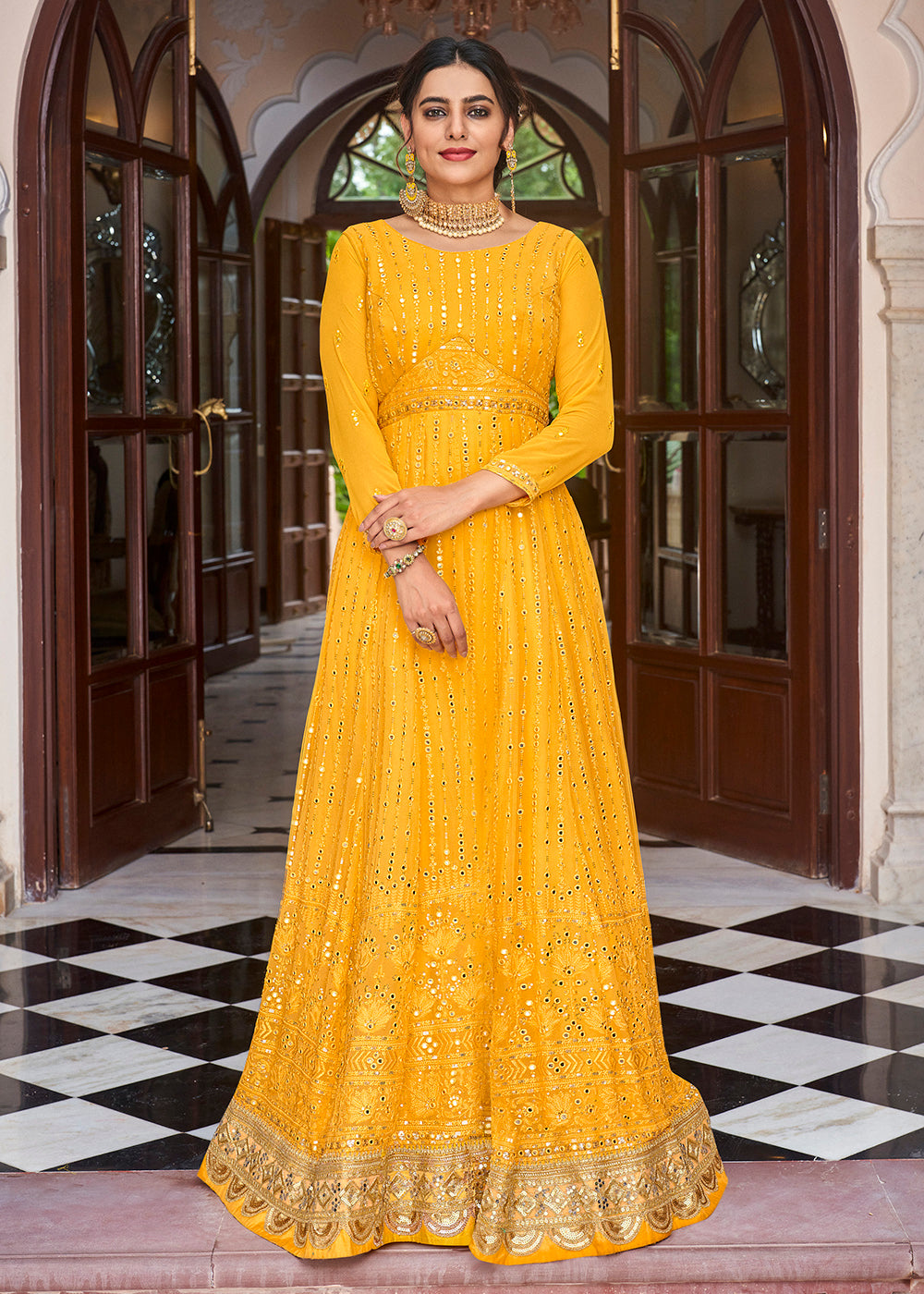 Gold Yellow Pretty Embellished Work Wedding Anarkali Dress Gold Yellow Pretty Embellished Work Wedding Anarkali Dress