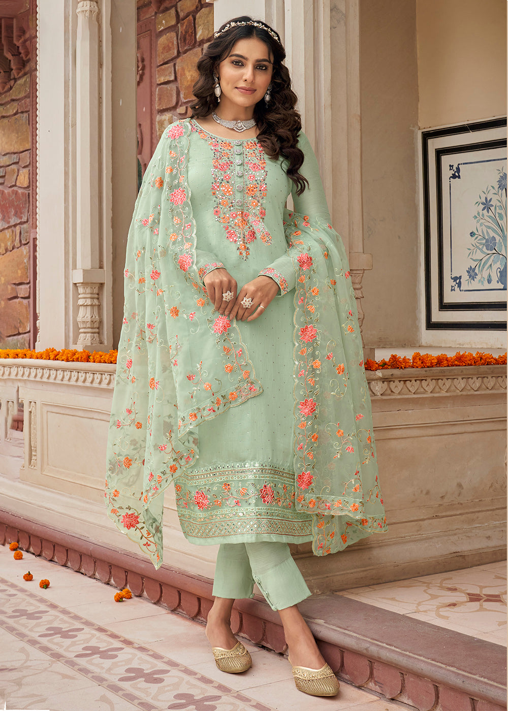 Buy Designer Salwar Suit Viscose Silk Embroidered Pastel Green