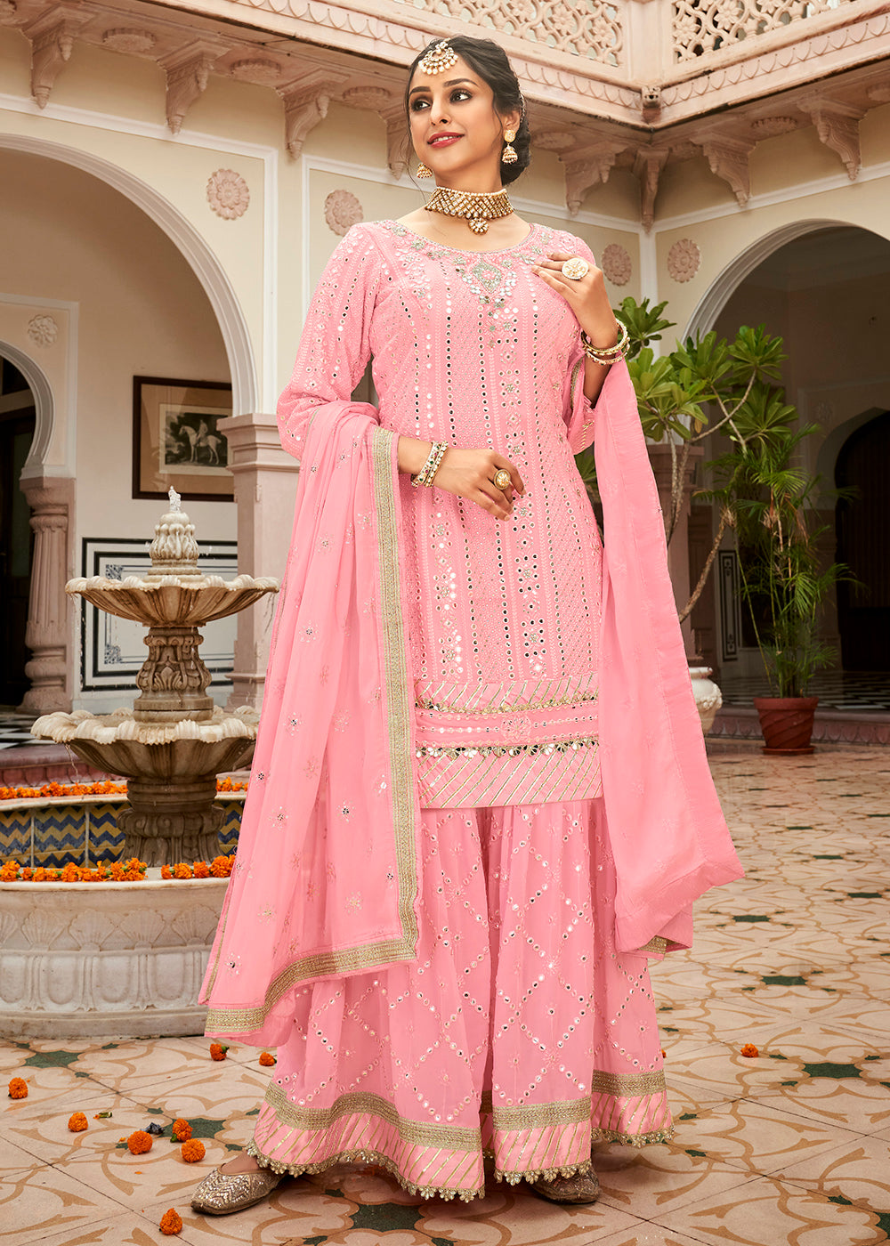 Buy Wedding Wear Sharara Rose Pink Mirror Embellished Sharar