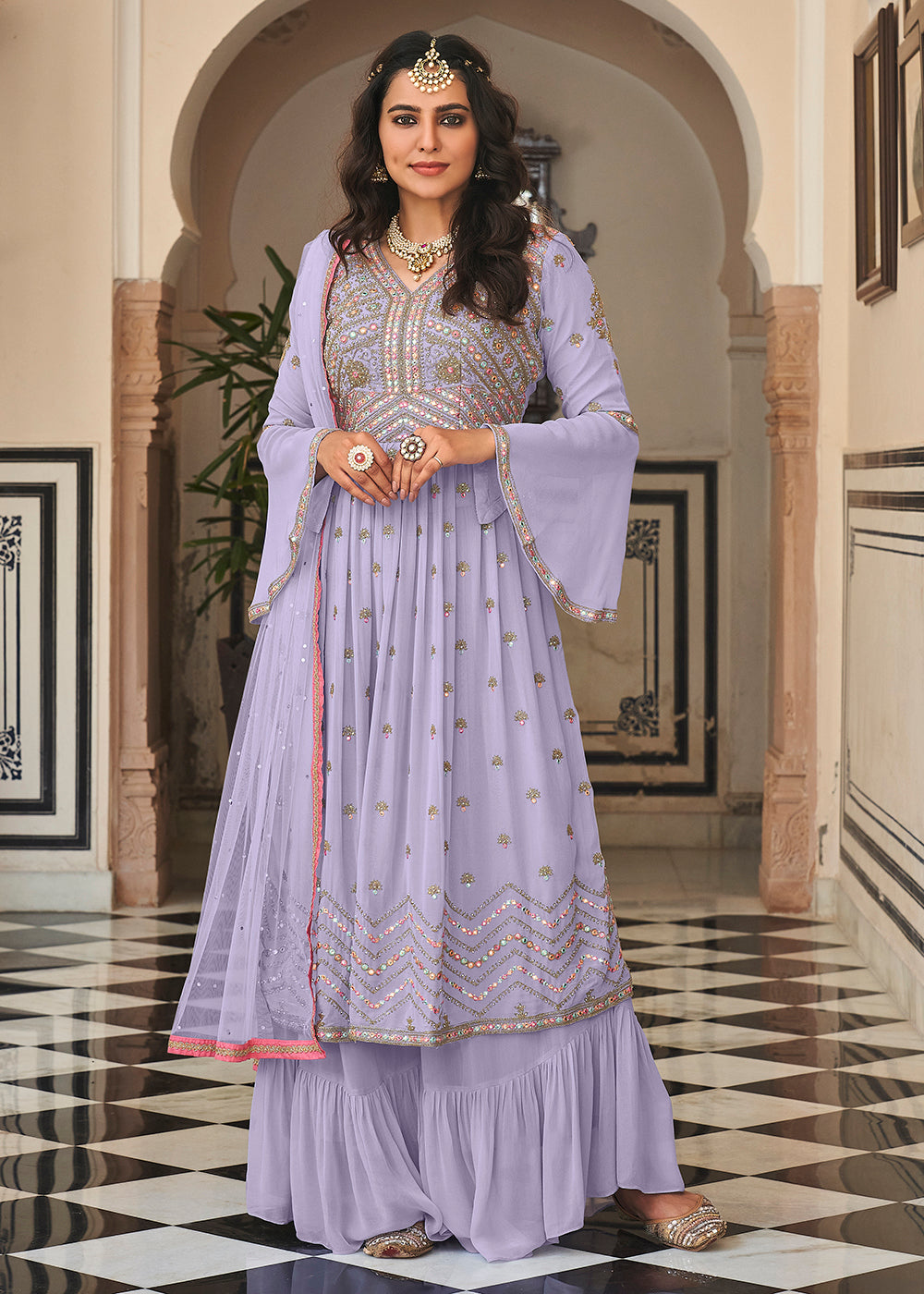 palazzo dress design Palazzo Salwar Dress Design Pretty Lilac Festive Mirror Embroidered Palazzo  Salwar Suit