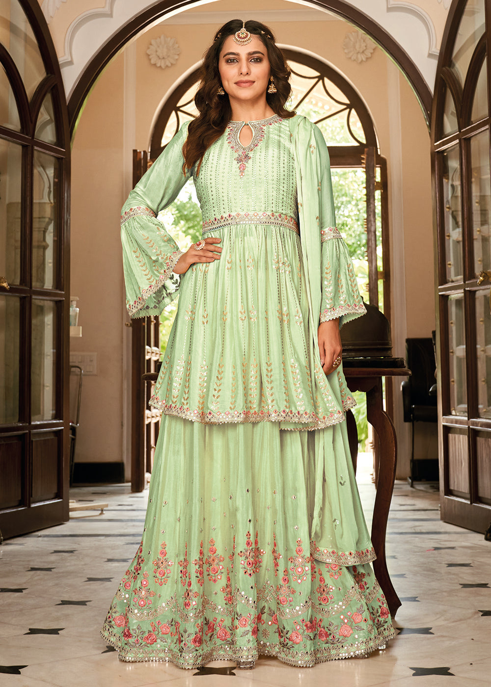 Buy Lehenga Skirt Suit -Sharara Top Style Green Heavy Chinon