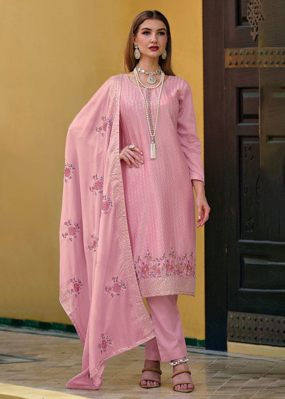 Eid Wear Kurta Set -Pakistani Style Stunning Pink Embroidered