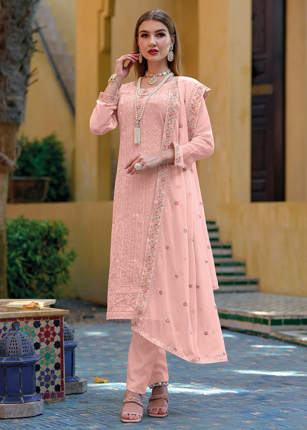 pink color dresses pakistani Baby Pink Embroidered Pakistani Suit, Cambric Cotton 3-piece