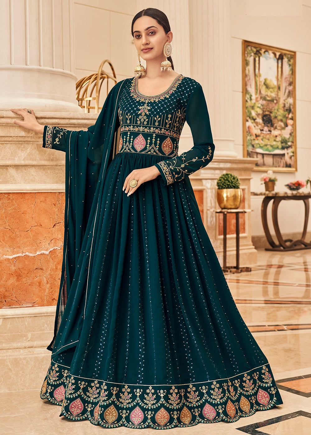 Women Light Sky Blue Georgette Chiknkari Embroidered Anarkali Suit